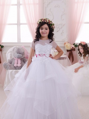 Short Sleeves Sweetheart Tulle & Lace Ivory Long Little Flower Girl Dress Cardiff