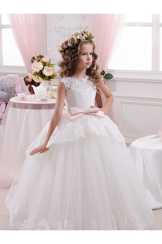 Sleeveless Sweetheart Tulle & Lace Ivory Chapel Train Flower Girl Dress for Wedding Cardiff