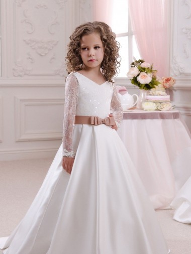Long Sleeves V-Neck Satin & Lace Ivory Chapel Train Flower Girl Dress Cardiff