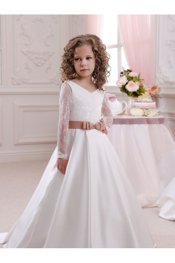 Long Sleeves V-Neck Satin & Lace Ivory Chapel Train Flower Girl Dress Cardiff