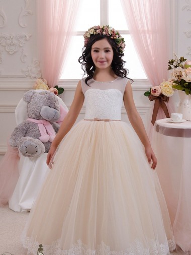 Sleeveless Sweetheart Tulle & Lace Ivory & Champagne Long Flower Girl Dresses for Wedding Cardiff