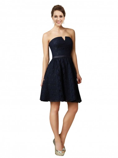 Sleeveless V-Neck Lace Dark Navy Knee Length Bridesmaid Dress Cardiff