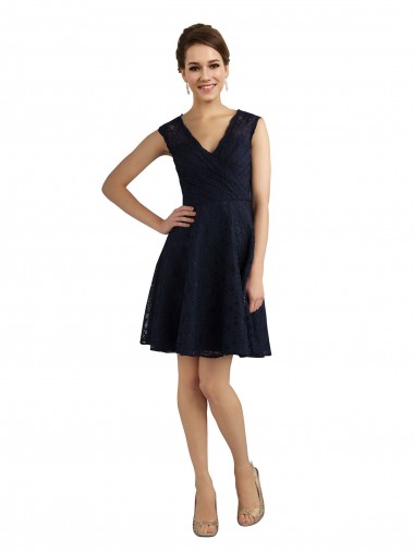 Sleeveless V-Neck Lace Dark Navy Knee Length Bridesmaid Dress / Evening Dress Cardiff