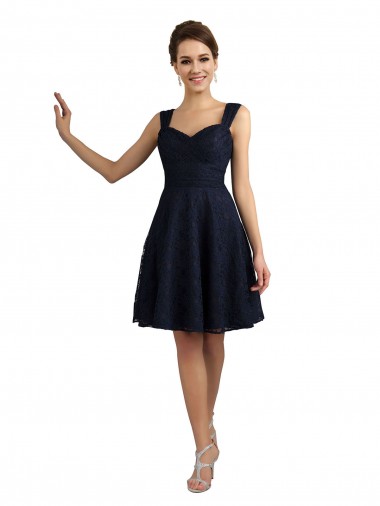 Sleeveless Sweetheart Lace Dark Navy Knee Length Bridesmaid Dresses Cardiff