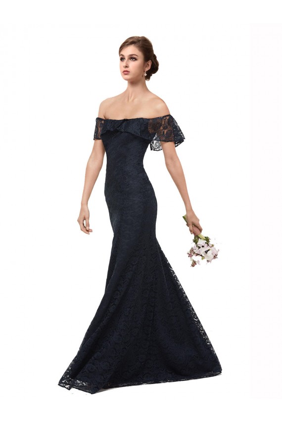 Flutter Sleeves Off the Shoulder Lace Dark Navy Long Prom Dress / Bridesmaid Dress Cardiff