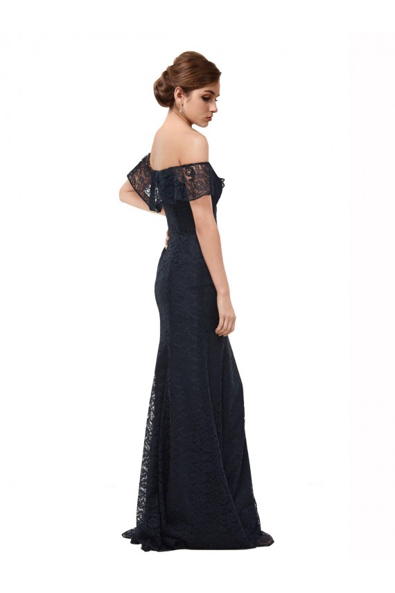Flutter Sleeves Off the Shoulder Lace Dark Navy Long Prom Dress / Bridesmaid Dress Cardiff