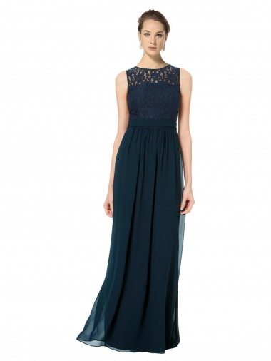 Sleeveless Illusion Neck Chiffon & Lace Dark Navy Long Bridesmaid Dress Cardiff