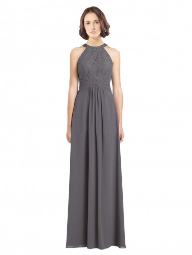 Sleeveless Halter Neck Soft Chiffon & Lace Stormy Silver Long Bridesmaid Dress Cardiff