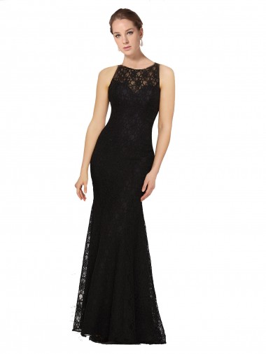 Sleeveless Jewel Neck Lace Black Long Bridesmaid Dress Cardiff