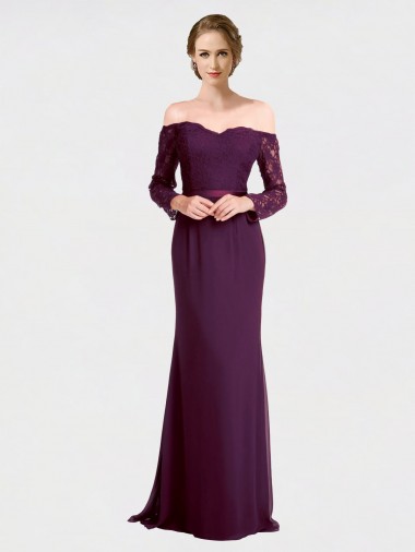 Long Sleeves Off the Shoulder Soft Chiffon & Lace Grape Long Bridesmaid Dress Cardiff