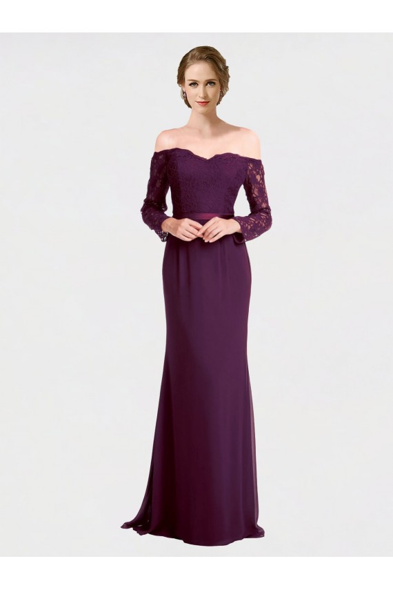 Long Sleeves Off the Shoulder Soft Chiffon & Lace Grape Long Bridesmaid Dress Cardiff
