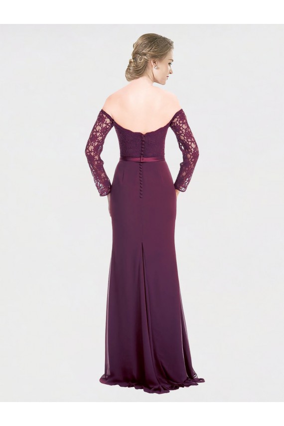 Long Sleeves Off the Shoulder Soft Chiffon & Lace Grape Long Bridesmaid Dress Cardiff