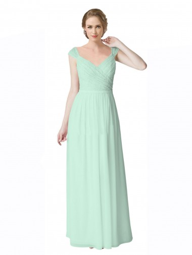 Cap Sleeves V-Neck Soft Chiffon & Lace Mint Green Long Bridesmaid Dress Cardiff