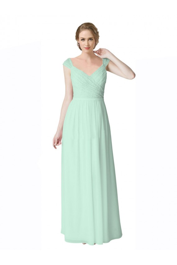 Cap Sleeves V-Neck Soft Chiffon & Lace Mint Green Long Bridesmaid Dress Cardiff
