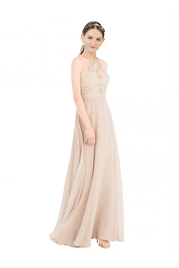 Sleeveless High Neck Soft Chiffon & Lace Champagne Long Prom Dress / Bridesmaid Dress Cardiff