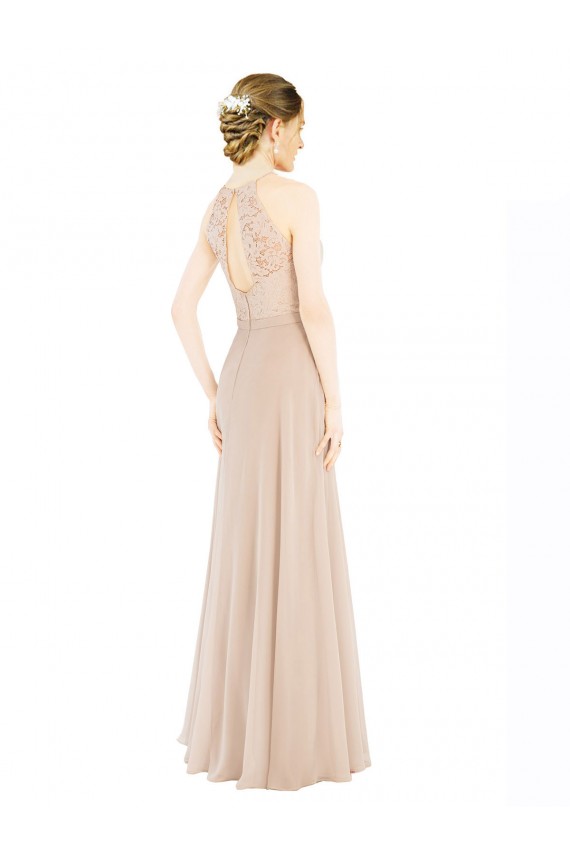 Sleeveless High Neck Soft Chiffon & Lace Champagne Long Prom Dress / Bridesmaid Dress Cardiff