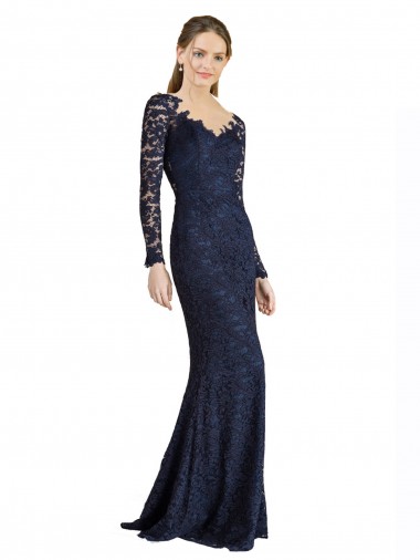 Long Sleeves Sweetheart Lace Dark Navy Long Prom Dress / Bridesmaid Dress Cardiff