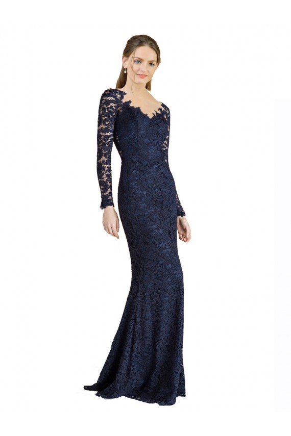 Long Sleeves Sweetheart Lace Dark Navy Long Prom Dress / Bridesmaid Dress Cardiff