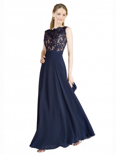 Sleeveless Illusion Neck Soft Chiffon & Lace Dark Navy Long Prom Dress / Bridesmaid Dress Cardiff
