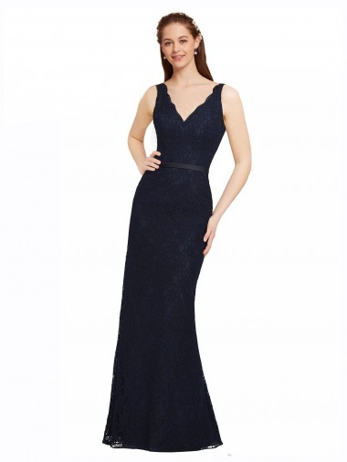 Sleeveless V-Neck Lace Dark Navy Long Bridesmaid Dress Cardiff