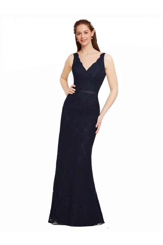 Sleeveless V-Neck Lace Dark Navy Long Bridesmaid Dress Cardiff