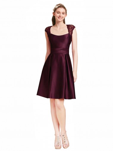 Sleeveless Square Neck Satin & Lace Grape Knee Length Bridesmaid Dress Cardiff