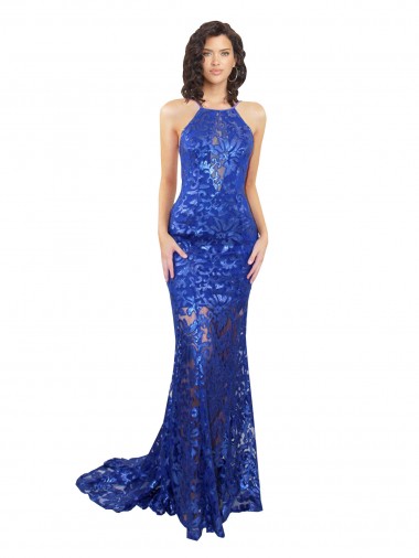 Sleeveless High Neck Lace Royal Blue Long Semi Formal Evening Dress / Prom Dress / Bridesmaid Dress Cardiff