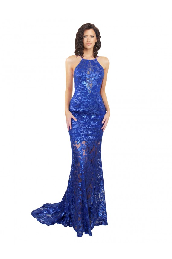 Sleeveless High Neck Lace Royal Blue Long Semi Formal Evening Dress / Prom Dress / Bridesmaid Dress Cardiff