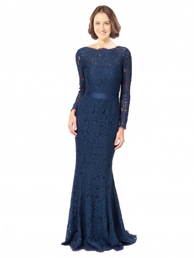 Long Sleeves Jewel Neck Lace Dark Navy Sweep Train Bridesmaid Dress Cardiff