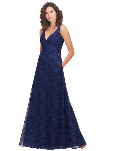 Sleeveless V-Neck Lace Dark Navy A-Line Long Bridesmaid Dress Cardiff