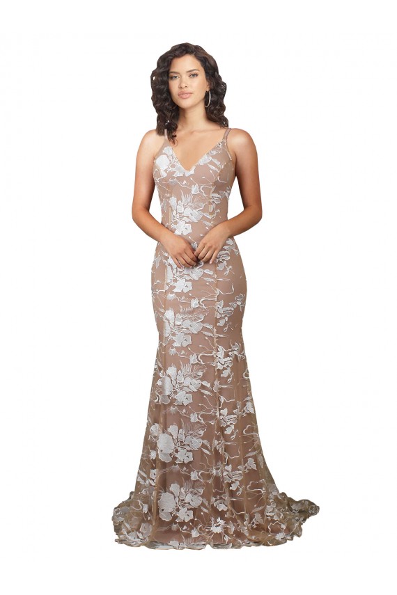 Sleeveless V-Neck Lace Champagne Sweep Train Wedding Dress Cardiff