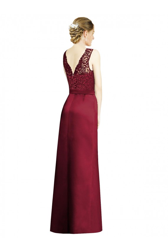 Sleeveless V-Neck Satin & Lace Burgundy Long Bridesmaid Dress Cardiff