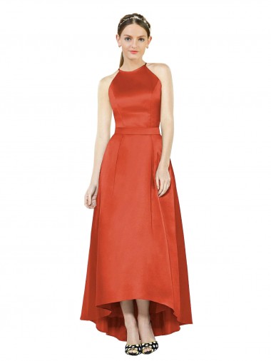 Sleeveless Halter Neck Satin Spice Red High Low Bridesmaid Dress Cardiff