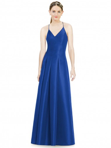 Sleeveless V-Neck Satin Royal Blue Long Bridesmaid Dress Cardiff
