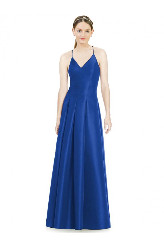Sleeveless V-Neck Satin Royal Blue Long Bridesmaid Dress Cardiff