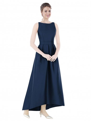 Sleeveless Bateau Neck Satin Dark Navy Long High Low Bridesmaid Dress Cardiff