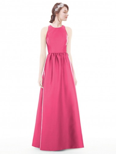 Sleeveless Jewel Neck Satin Ruby Long Bridesmaid Dress Cardiff