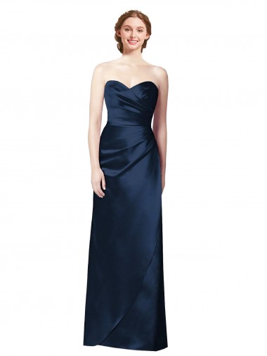 Sleeveless Strapless Satin Dark Navy Long Bridesmaid Dress Cardiff