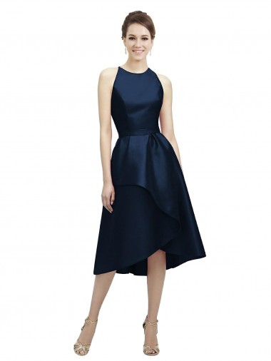 Sleeveless Jewel Neck Satin Dark Navy Tea Length High Low Bridesmaid Dress Cardiff