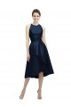 Sleeveless Jewel Neck Satin Dark Navy Tea Length High Low Bridesmaid Dress Cardiff