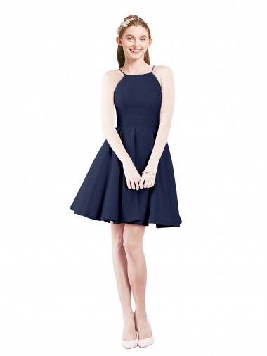 Sleeveless Halter Neck Satin Dark Navy Knee Length Bridesmaid Gown Cardiff