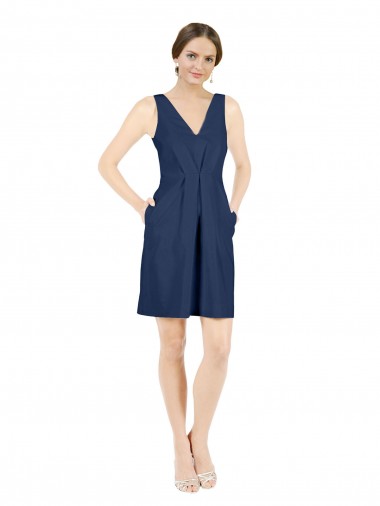 Sleeveless V-Neck Satin Dark Navy Knee Length Evening Gown / Bridesmaid Dress Cardiff