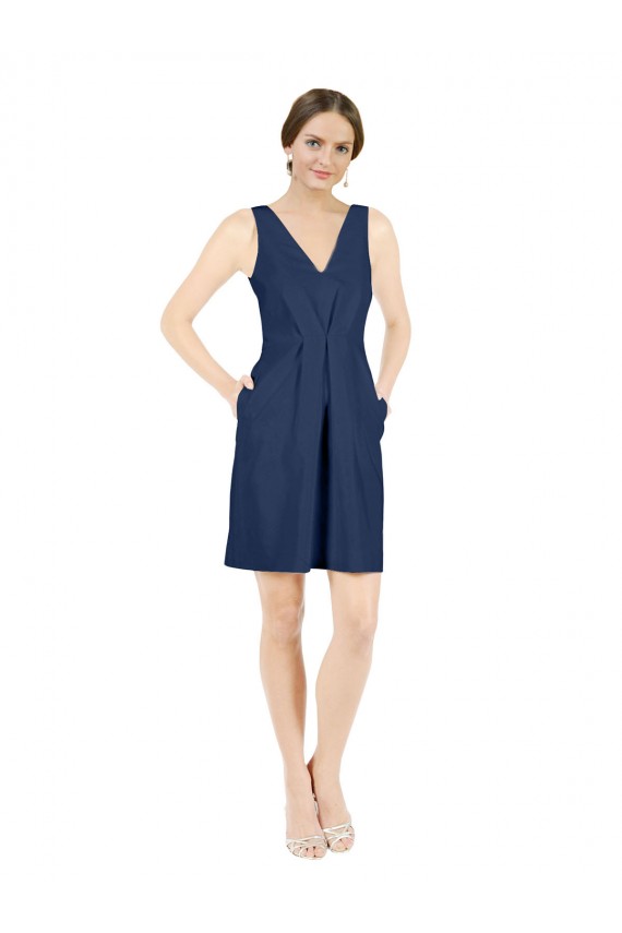 Sleeveless V-Neck Satin Dark Navy Knee Length Evening Gown / Bridesmaid Dress Cardiff