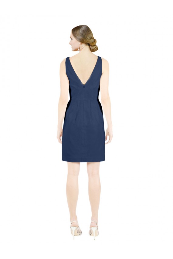 Sleeveless V-Neck Satin Dark Navy Knee Length Evening Gown / Bridesmaid Dress Cardiff