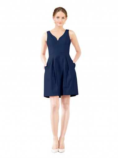 Sleeveless V-Neck Satin Dark Navy Knee Length Bridesmaid Gown Cardiff