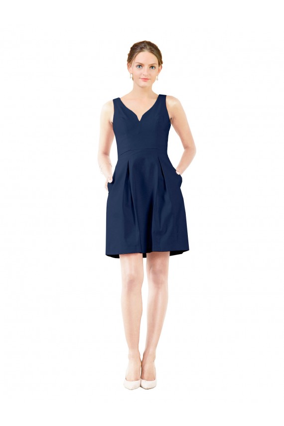 Sleeveless V-Neck Satin Dark Navy Knee Length Bridesmaid Gown Cardiff