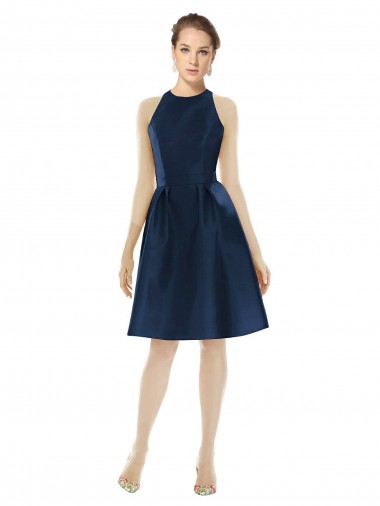 Sleeveless Halter Neck Satin Dark Navy Cocktail Length Bridesmaid Dress Cardiff