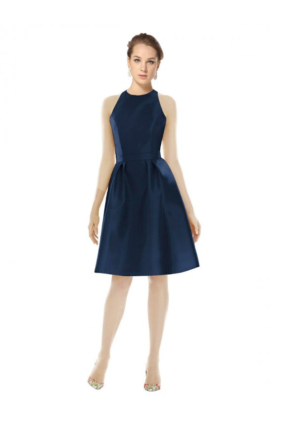 Sleeveless Halter Neck Satin Dark Navy Cocktail Length Bridesmaid Dress Cardiff