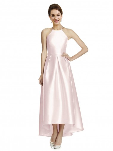 Sleeveless Halter Neck Satin Pink Long High Low Bridesmaid Dress Cardiff
