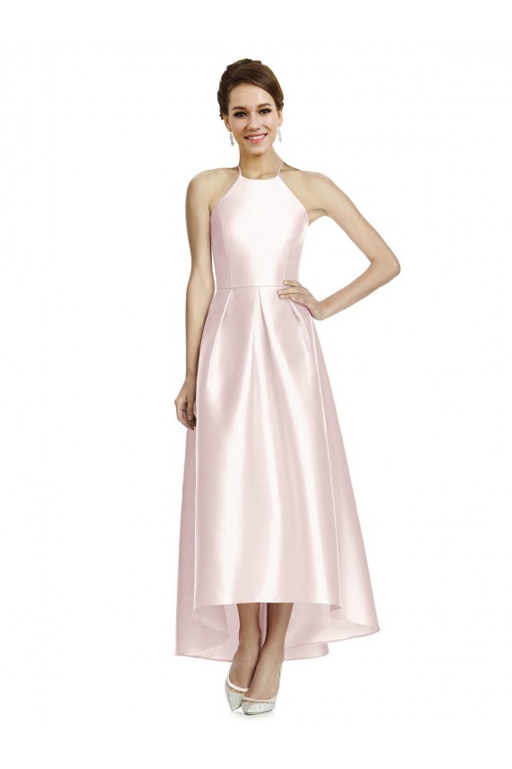 Sleeveless Halter Neck Satin Pink Long High Low Bridesmaid Dress Cardiff